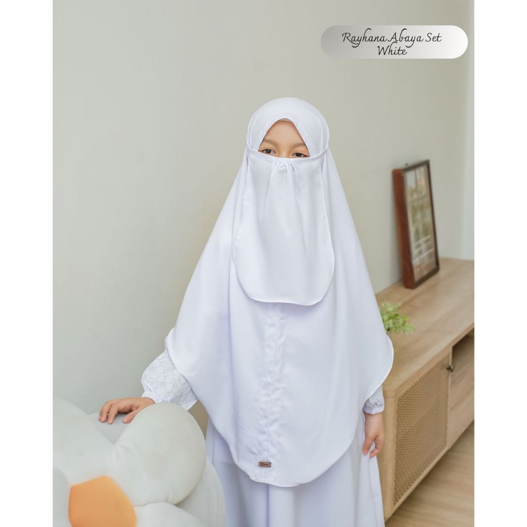Abaya Set | Gamis Putih Bordir Set Bergo Free Cadar | Gamis Anak Perempuan usia 3-12 tahun