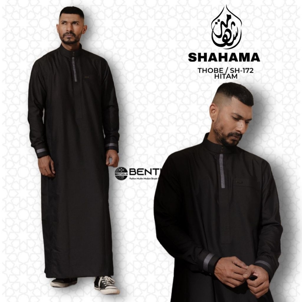 Jubah Shahama SH-172 Warna Hitam Baju Gamis Pria Dewasa Modern Thobe Lengan Panjang Manset