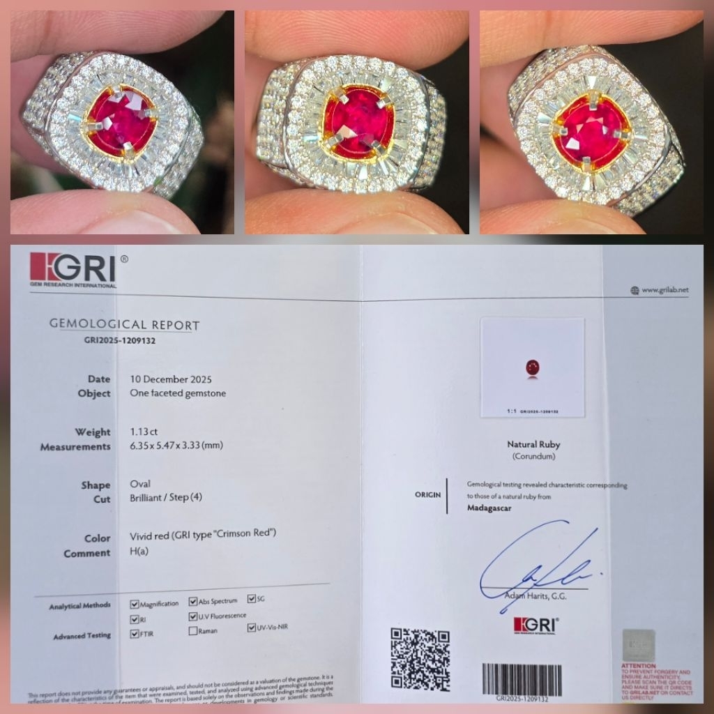 Batu Natural HQ Vivid Red Crimson Red Ruby Sertifikat 1.13 crt