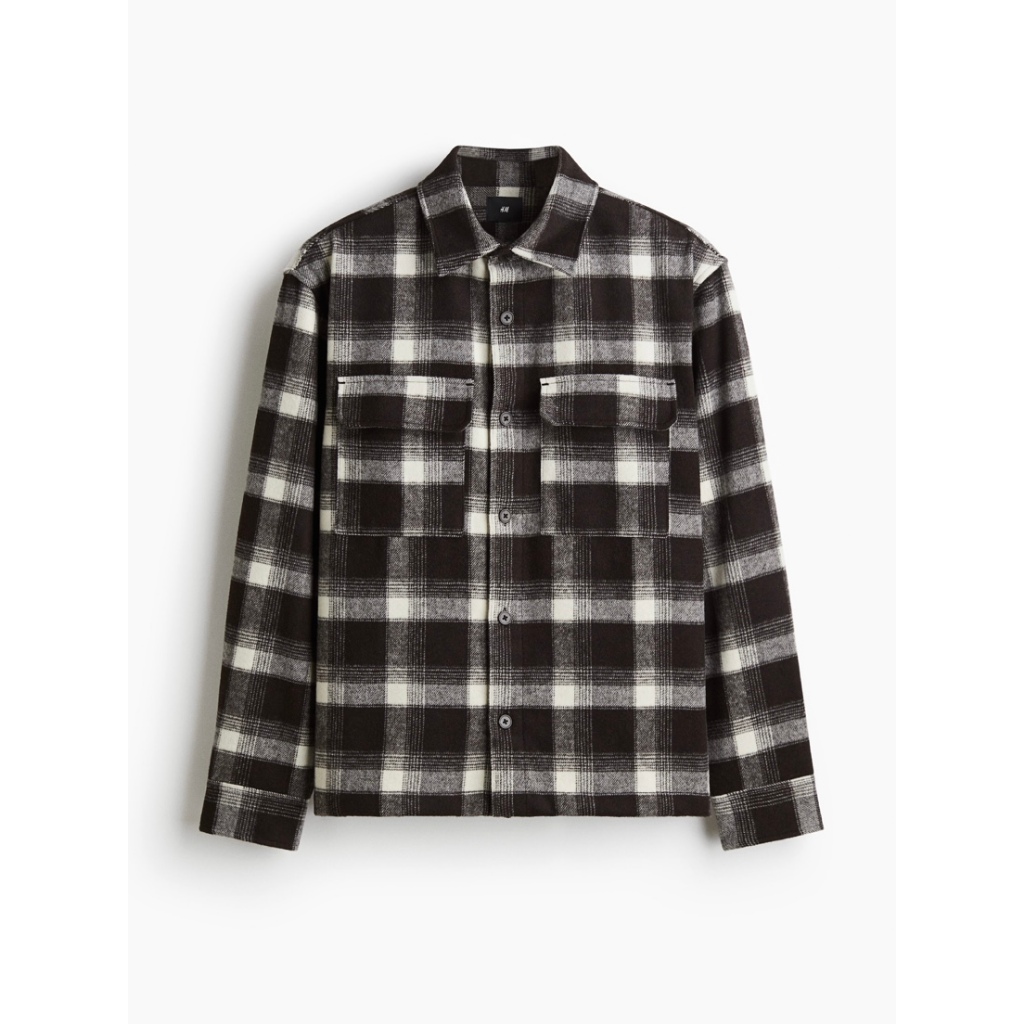 H&M REGULAR FIT WOOL FLANNEL OVERSHIRT DARK BROWN-WHITE | KEMEJA FLANNEL WOOL H&M DENGAN POTONGAN RE