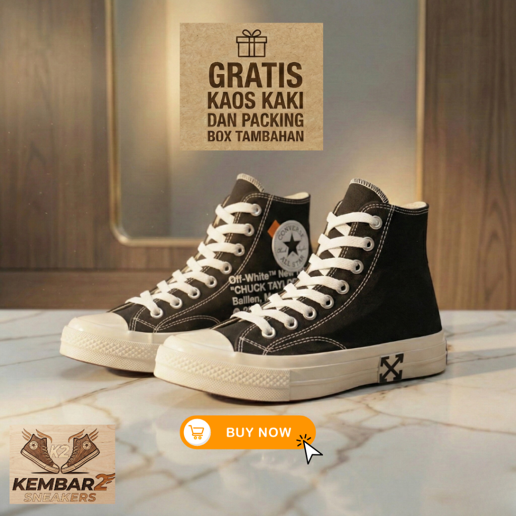 Sepatu Converse Chuck Taylor 70s X Off White All Black High Premium Original 100%
