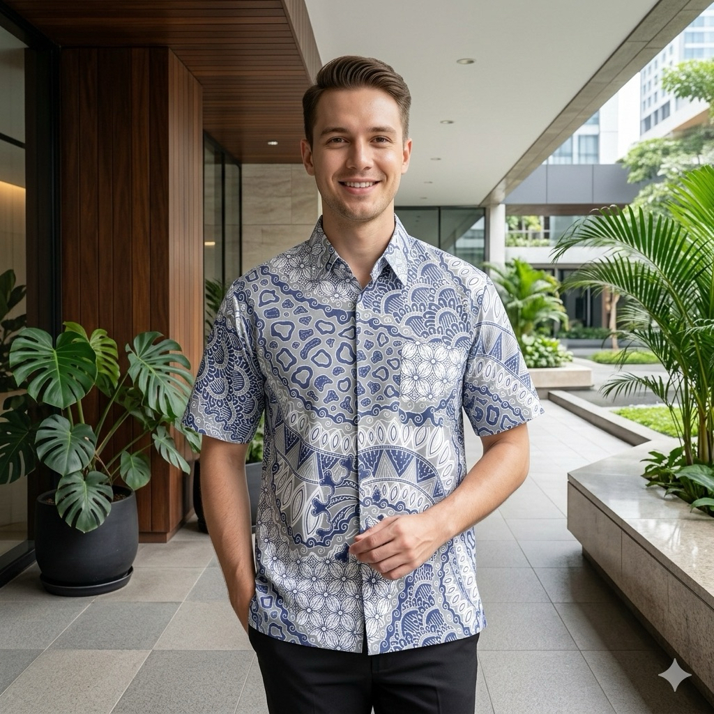 Hem batik pria PUTIH KOTAK bahan katun lengan pendek