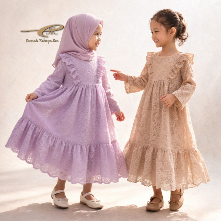 Gamis Anak Brokat Premium DENGAN LAPISAN FURING | Baju Lebaran Anak 1–12 Tahun | Belum Termasuk Hija