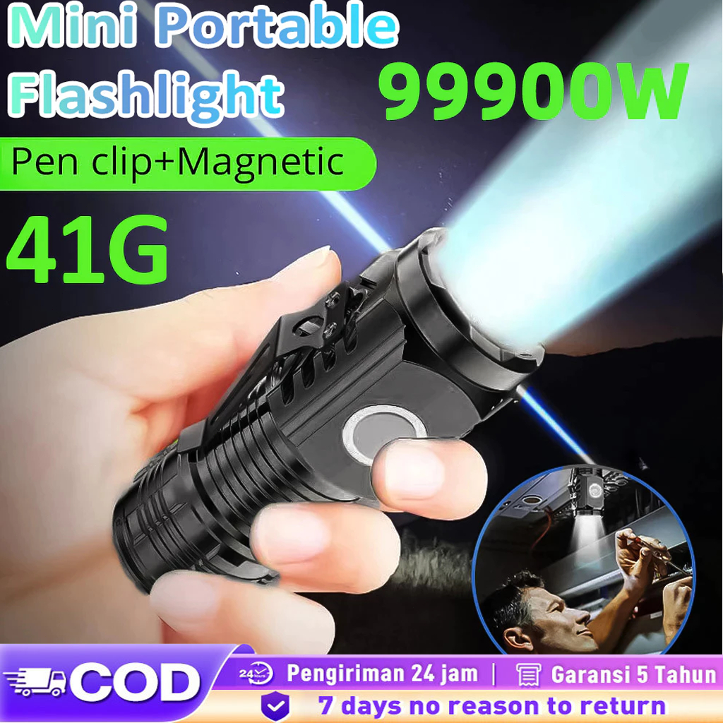 Senter Mini super terang LED 3 Mata jarak jauh 100-200m ori Anti Air Super Terang& Rechargeable