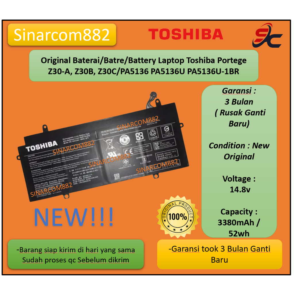 Original Baterai/Batre/Battery Laptop Toshiba Portege Z30-A, Z30B, Z30C/PA5136 PA5136U PA5136U-1BR