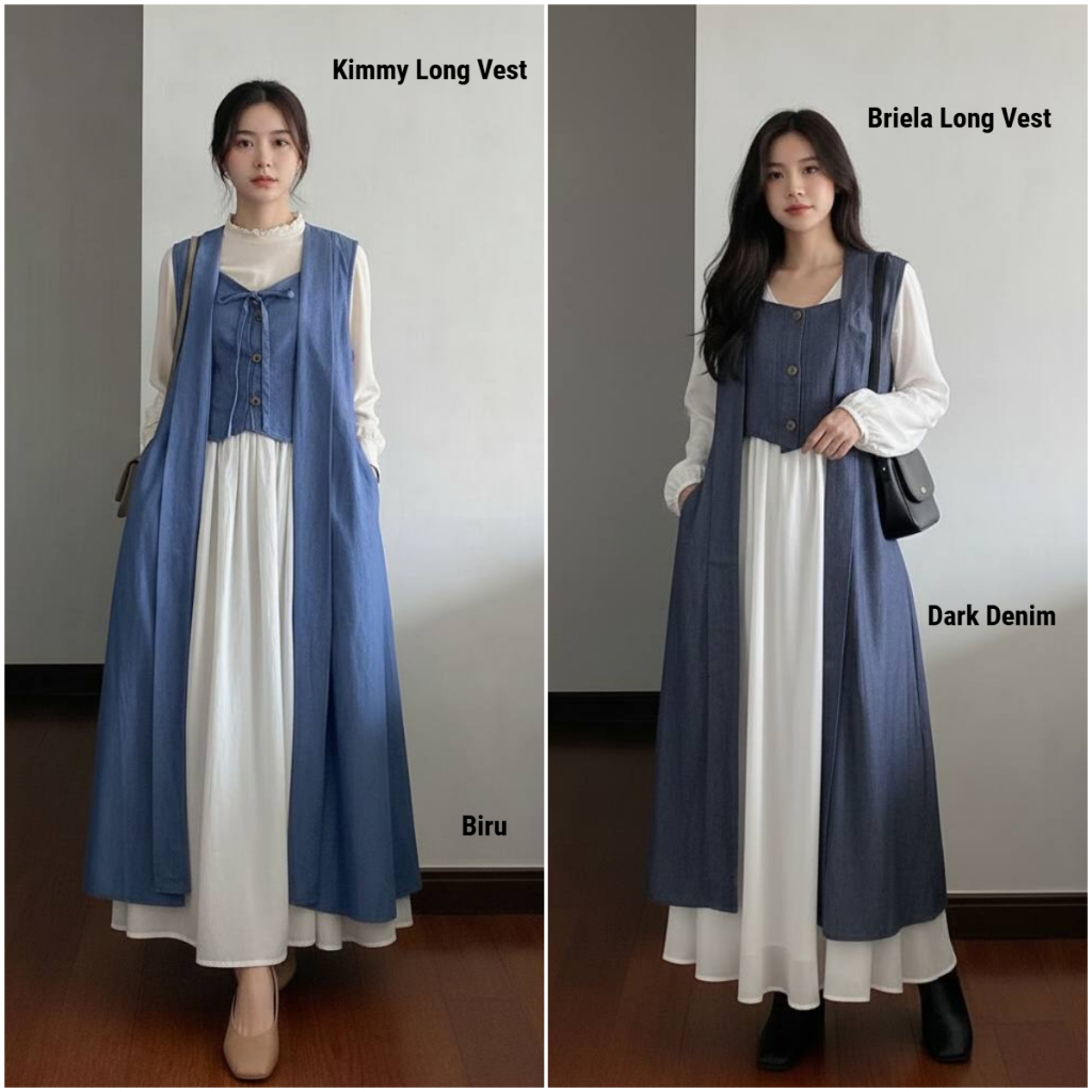 Kimmy Briela Long Vest Fitted Outer Rompi panjang Denim Jeans tebal  Premium Wanita 5298 - 5299