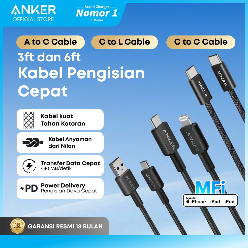 Anker Kabel MFi iPhone X 11 12 13 14 15 16 PD Type C to USB A Type C and Lightning 15W 60W 240W 3ft 