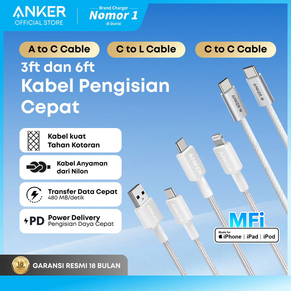Anker Kabel PD Type C to USB A Type C and Lightning 15W 60W 240W 3ft 6ft Max 3A 5A Fast Charging for