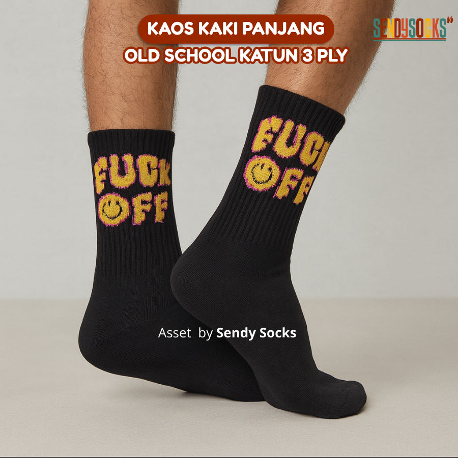 Kaos Kaki Oldshool Motif Fuck Off Smile Hitam Katun Panjang - Sendy Kaos Kaki