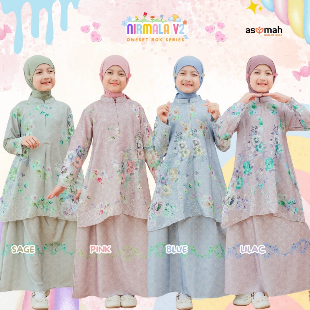 ASYMAH - Setelan Baju Kurung Anak Nirmala V2 Motif Bunga Mewah Set Rok Anak Perempuan Gaya Malaysia 