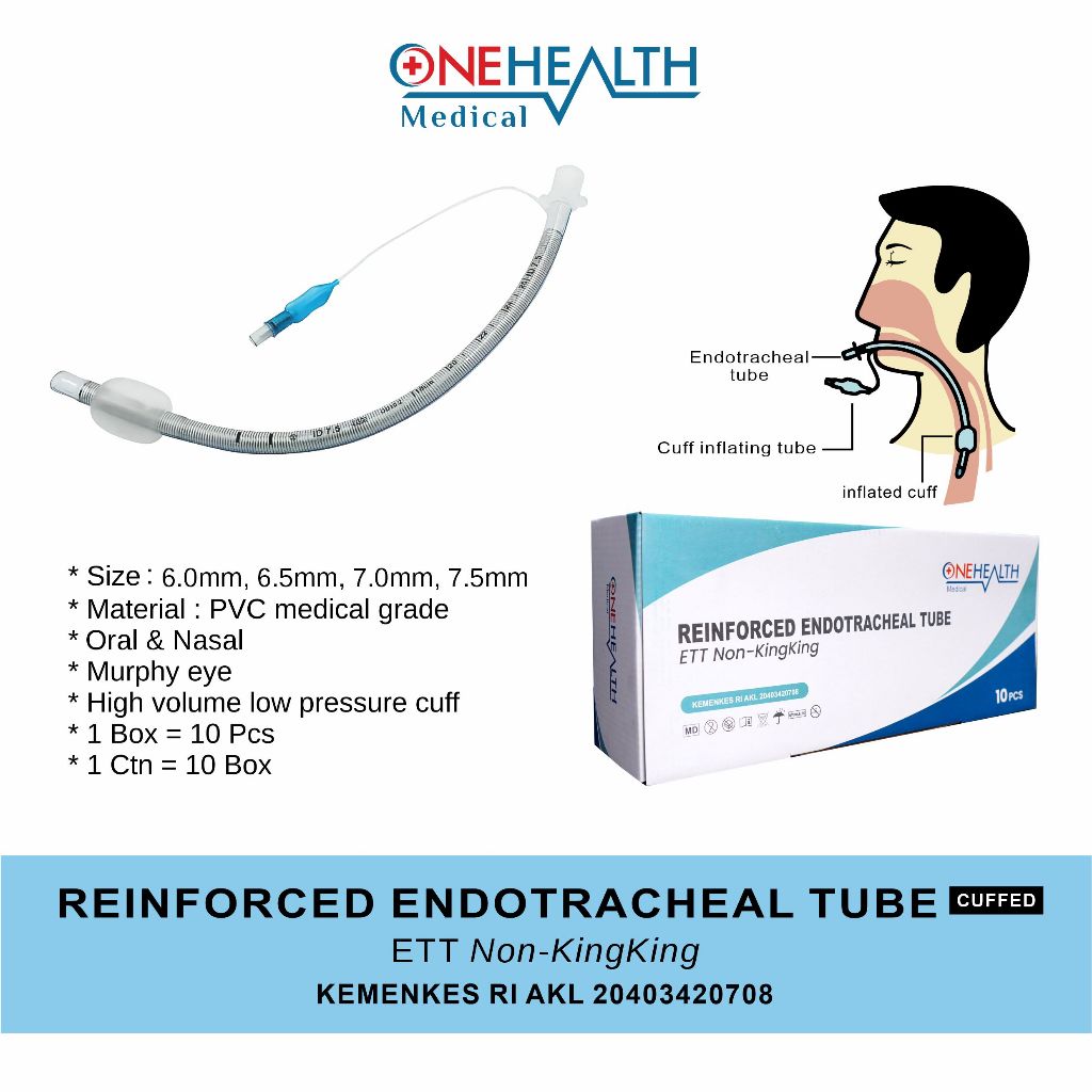Onehealth Reinforced Endotracheal Tube Disposable / ETT Non Kingking Cuffed Spiral 6,0 6,5 7,0 7,5