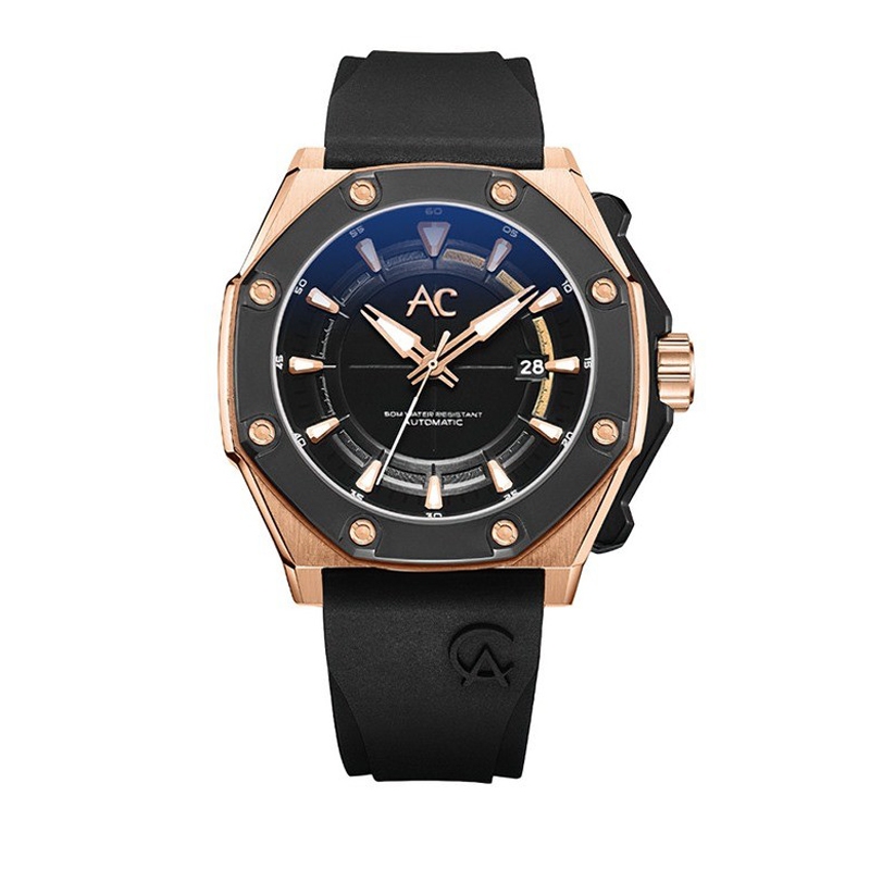 Alexandre Christie AC 9601 Rosegold Black Rubber Automatic MARBRBA Jam Tangan Pria Original
