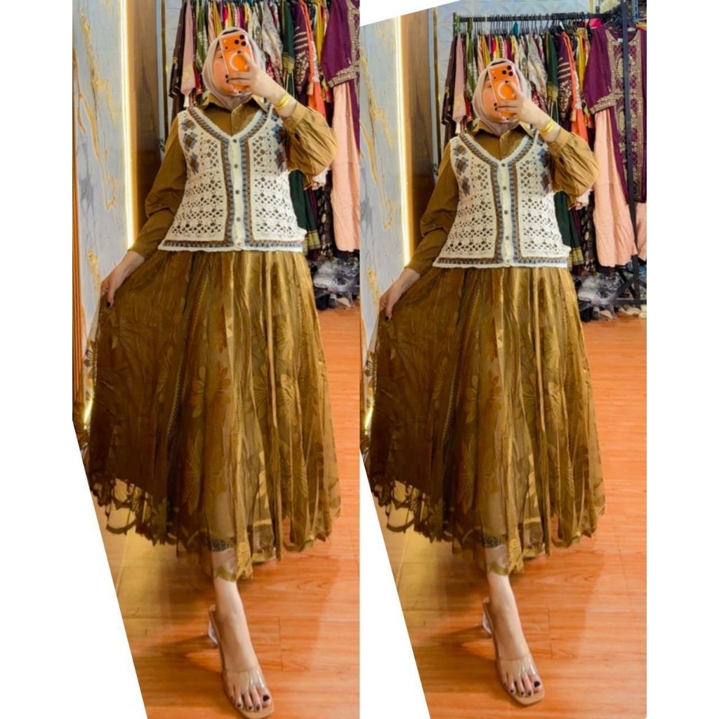 Gamis wanita Rajut bunga melati Rompi lepas, mix browkat Ld 110 PB 130