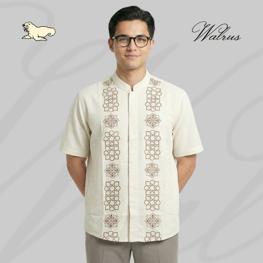 WALRUS Arsyad Geometric Baju Koko Pria Lengan Pendek Kemeja Muslim Mandarin Collar Cream Off White