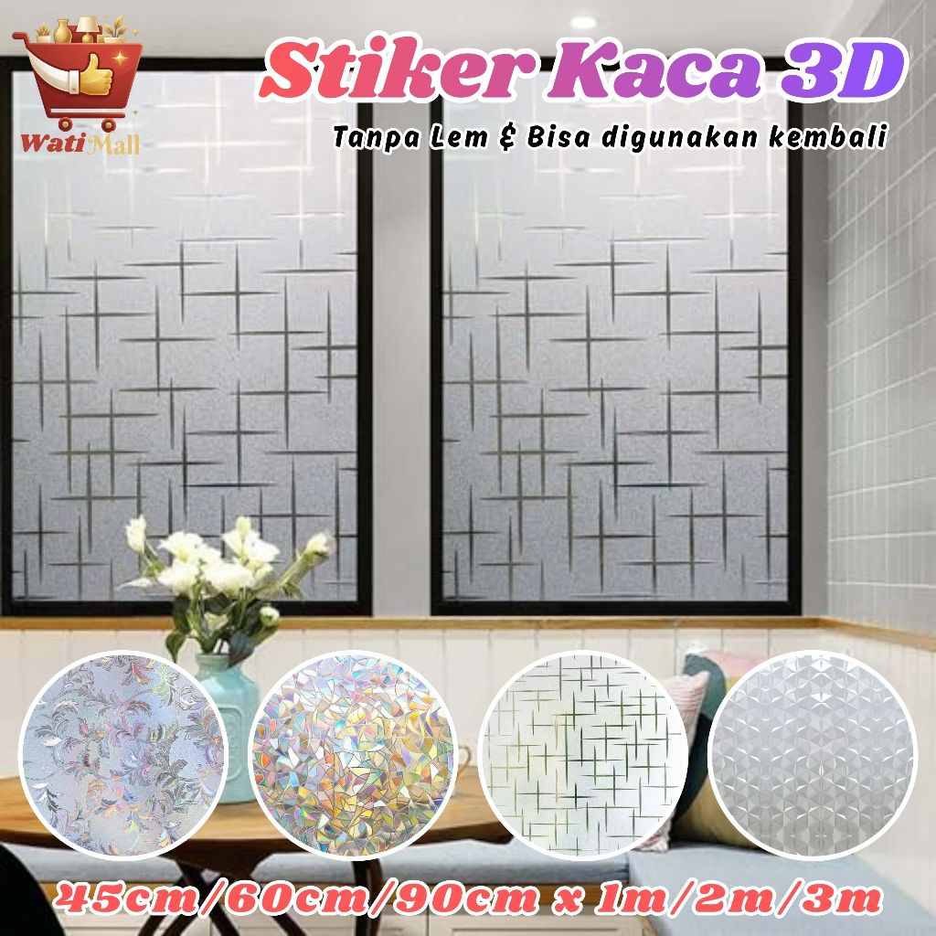 Wati stiker kaca jendela 3D L45,60,90cm/P200cm 17 pola PVC inlay minimalisTahan sandblast  asli  asl