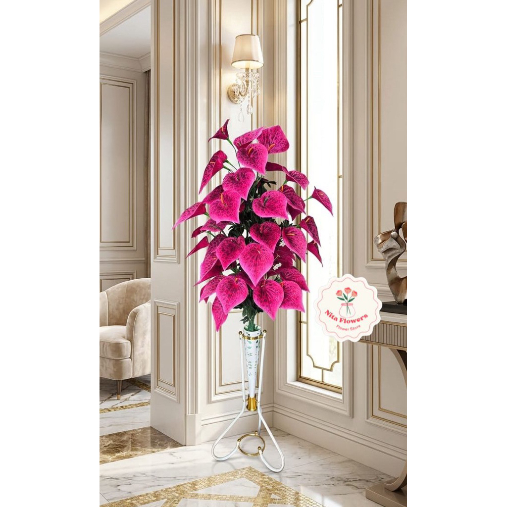 Bunga Aron Panda 60 Kuntum Premium dengan Pot Corong Plastik dan Standing Besi Bunga Sudut Ruangan E