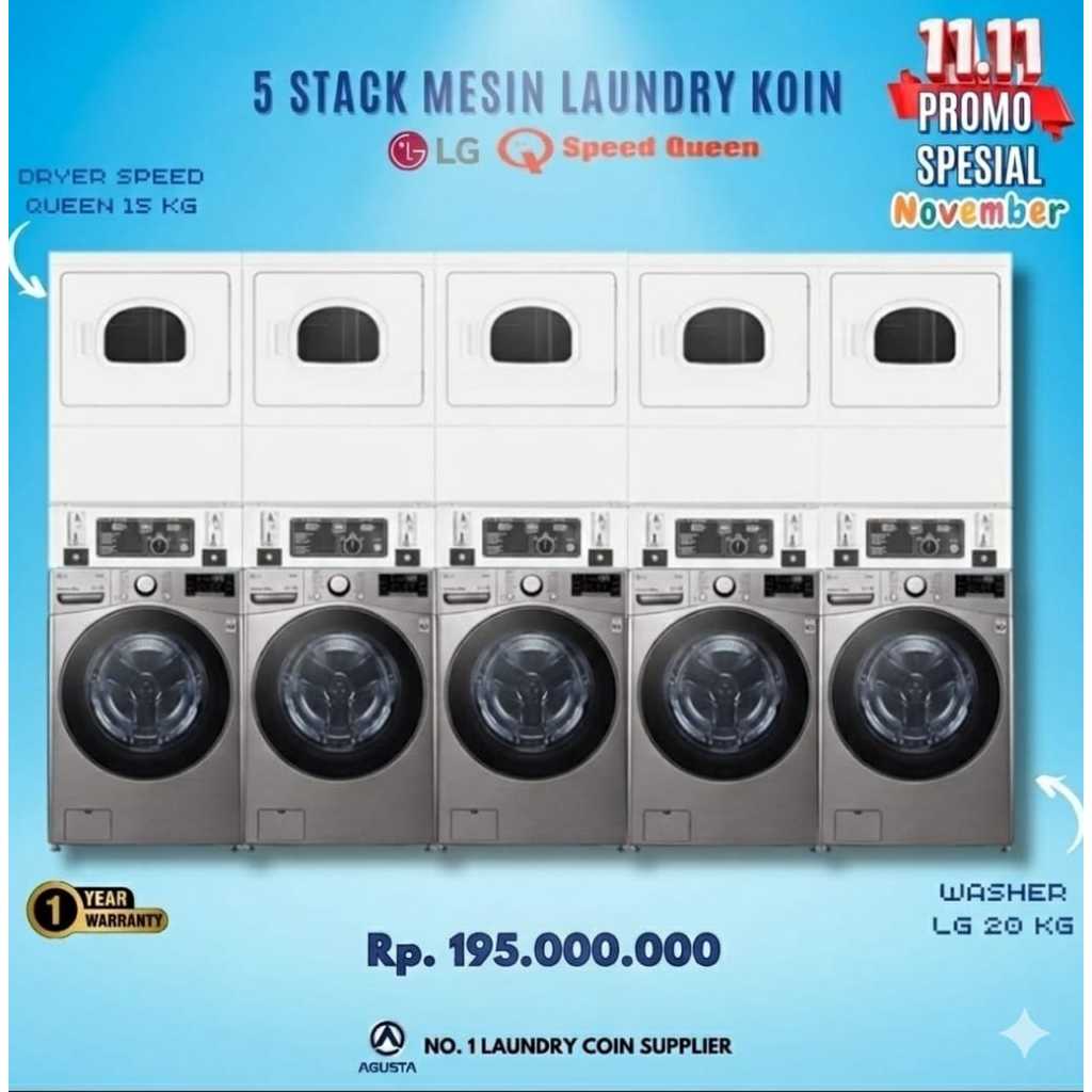 Paket Mesin Laundry Coin 5 Stack Mesin Cuci LG 20 kg & Mesin Pengering Speedqueen 15 kg + Instalasi