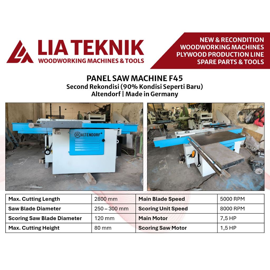 Mesin Panel Saw Altendorf F45 with Scoring Saw Second Rekondisi 90% Kondisi Seperti Baru Made in Ger