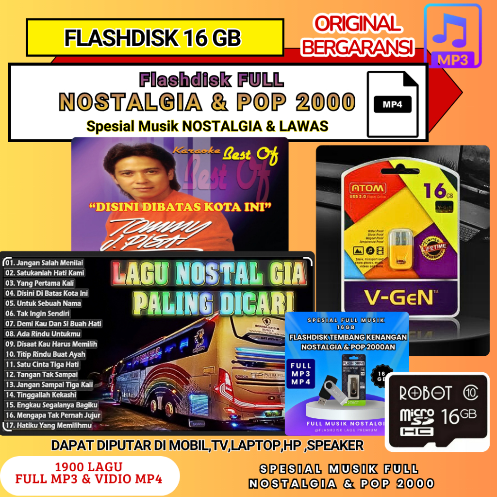 Flashdisk 16GB Isi 1900+ Lagu Nostalgia & Pop Lawas MP3 MP4 - BONUS 2 OTG - USB Video Klip Tembang K