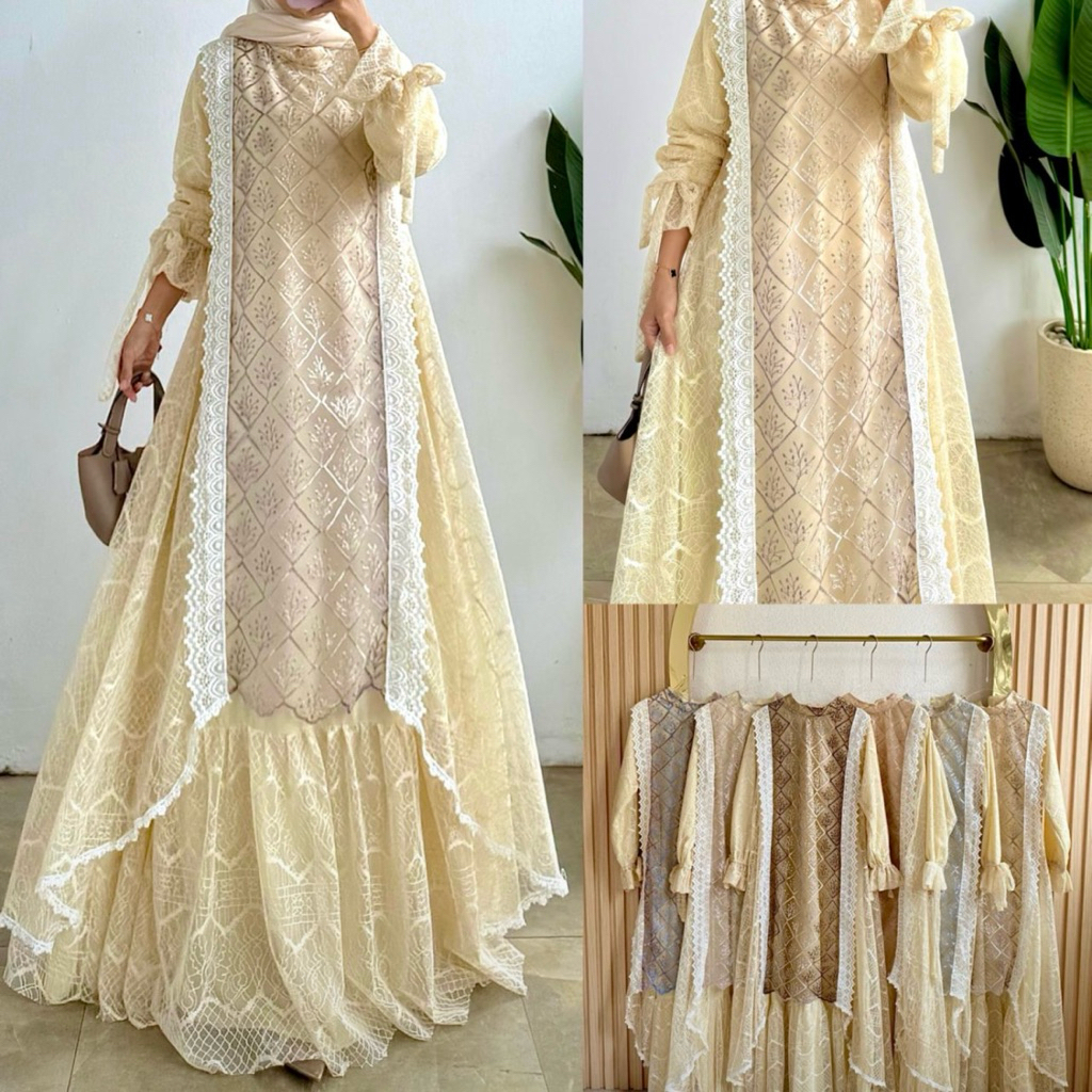 ALACEMIST Arumi Long Dress Chantilly Lace Mewah Raya Collection Ivory Mix Brukat