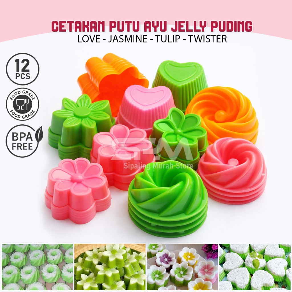 12pc Cetakan Kue Putu Ayu Jelly Puding Agar Cetakan Plastik Love Jasmin Twister Tulip