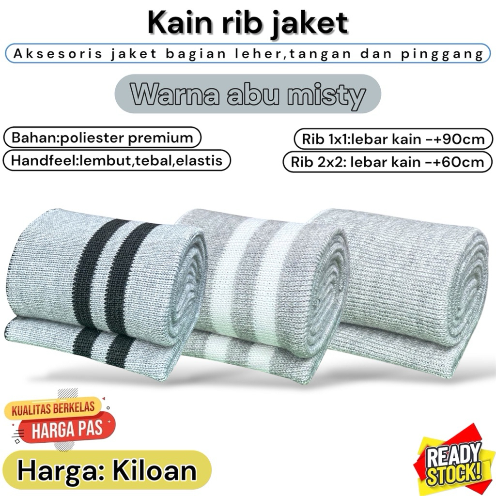Kain rib bur rajut Abu misty pe soft 30s polos dan salur tebal Premium KILOAN