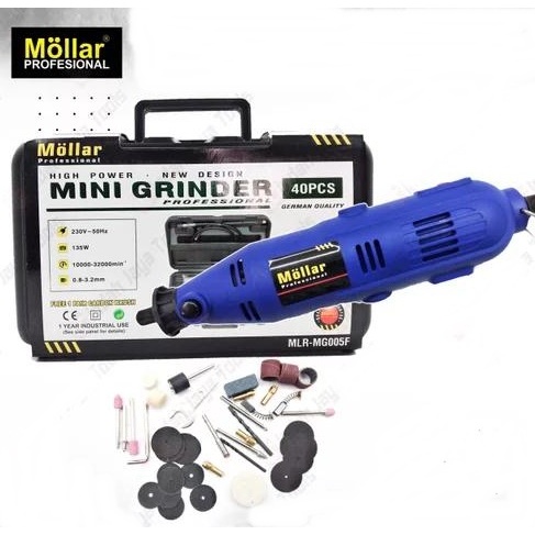Mini Die Grinder Set  Brand : Mollar Isi : 40 pcs  Spesifikasi : Power : 230 V 50 Hz Daya : 130 Watt
