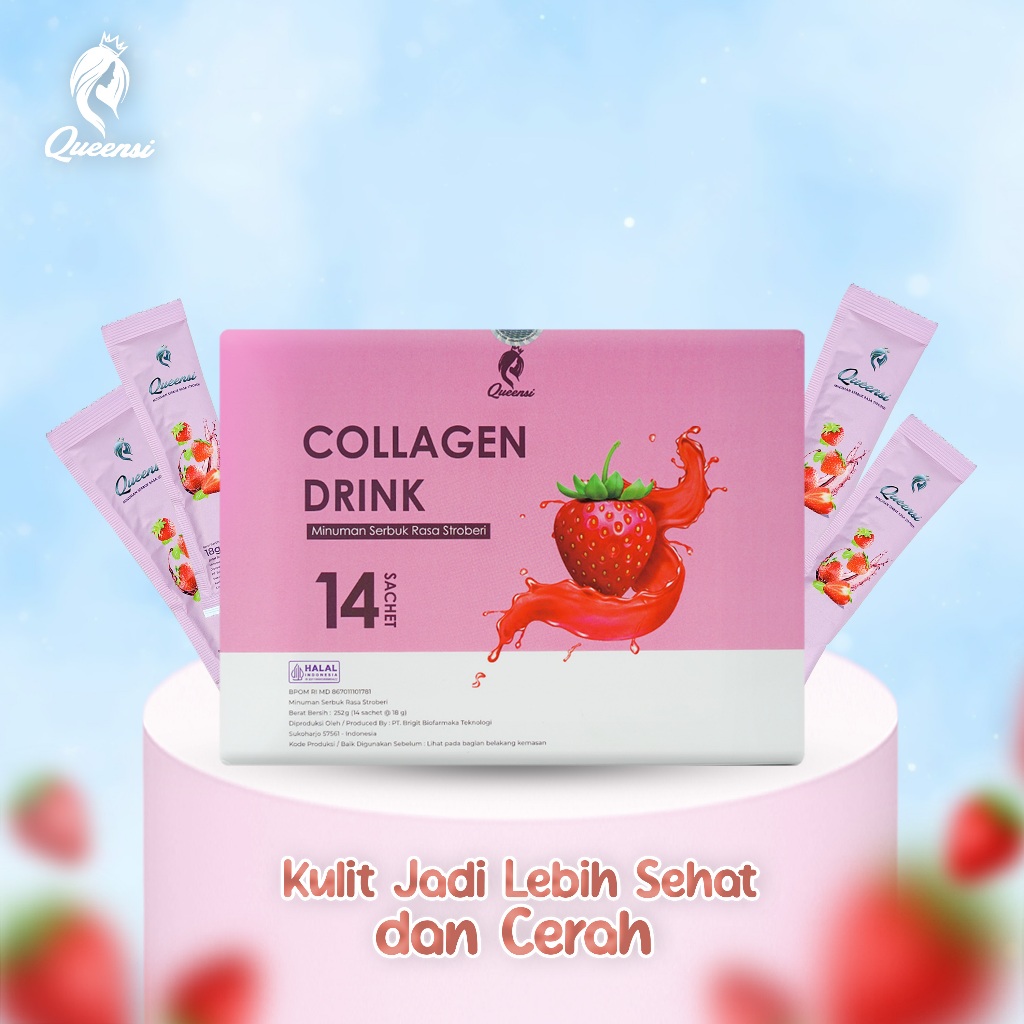 Queensi Collagen Drink Strawberry 14 Sachet – Minuman Kolagen Serbuk BPOM | Original | COD