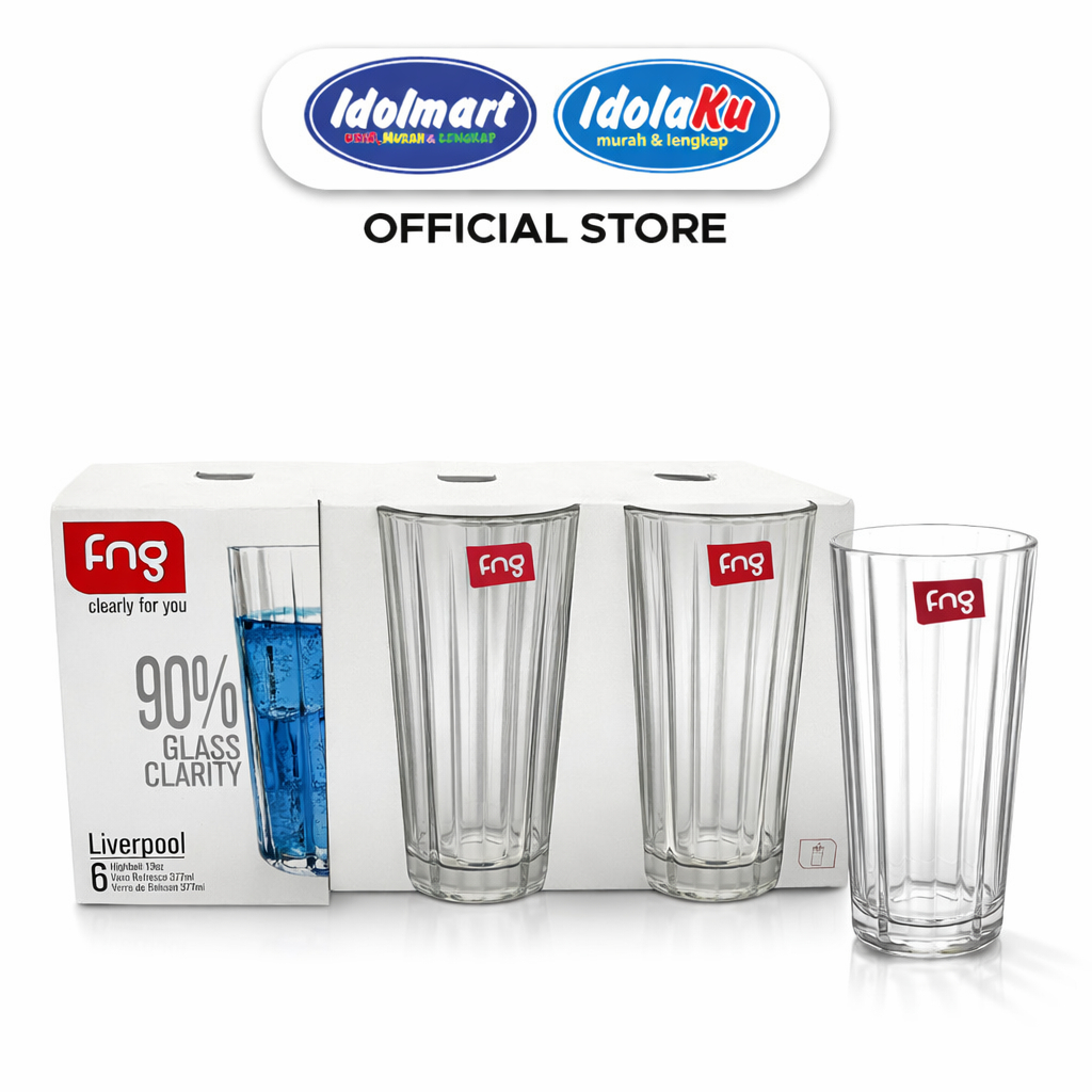 IDOLMART  Gelas Minum Kaca FNG Liverpool 377ml Isi 6 Highball Glass Set - Surabaya