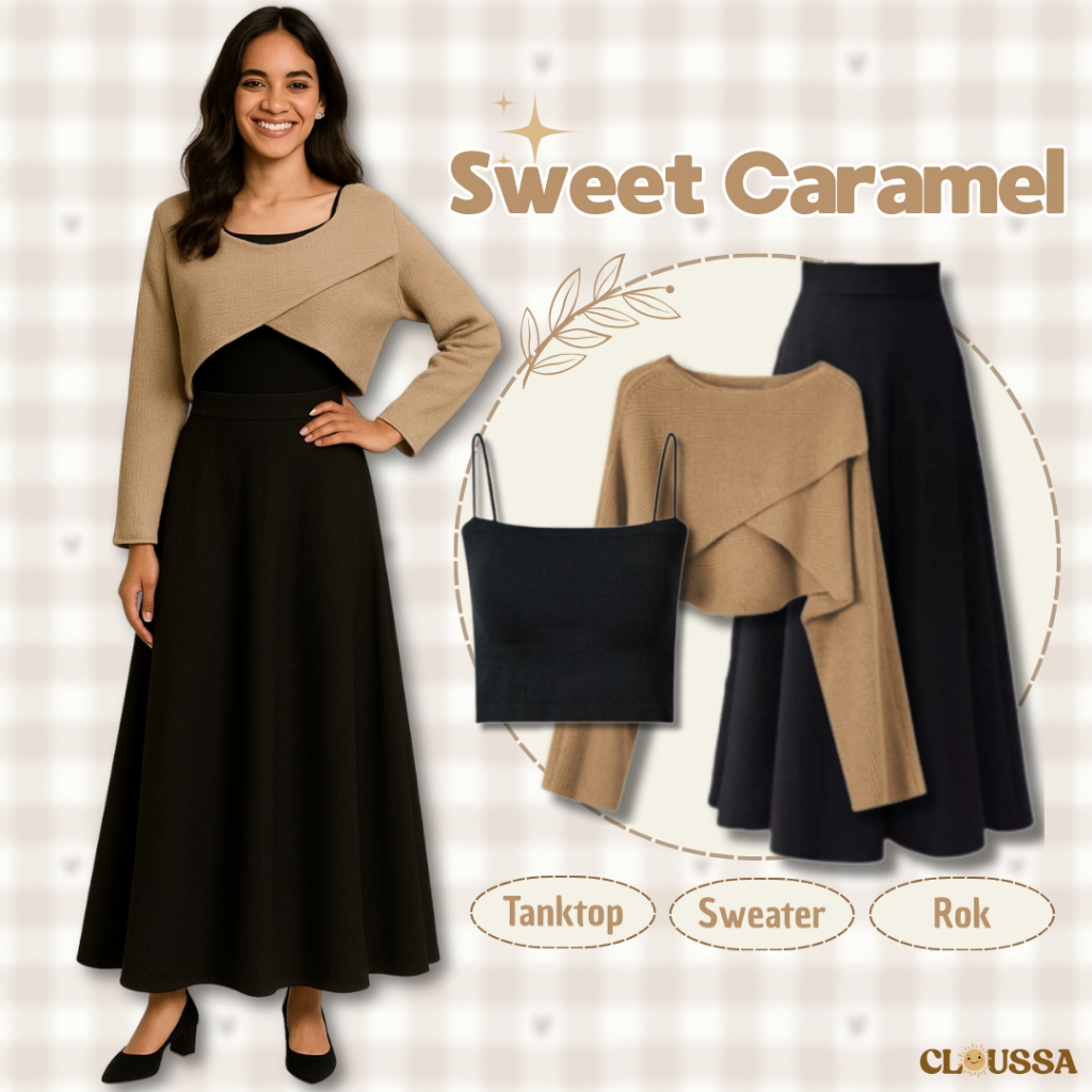 4 In One Set Korean Style (Rok Joda + Sweater Rajut + Tanktop + Hijab) Setelan Wanita Kekinian CL004