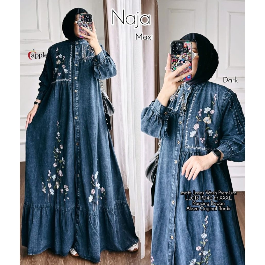 Dress Jeans Atasyia Maxy Wanita. Gamis Bordir Busui Frendly. Naja Maxy