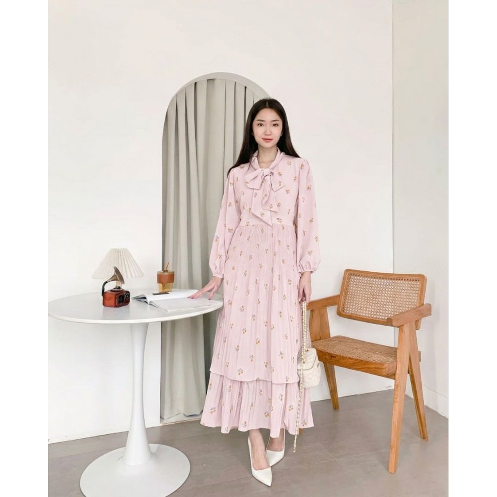 AUBREY DRESS LD 100 | GAMIS PLISKET FLORAL VINTAGE KOREAN STYLE | BAJU RAMADHAN LEBARAN 2025