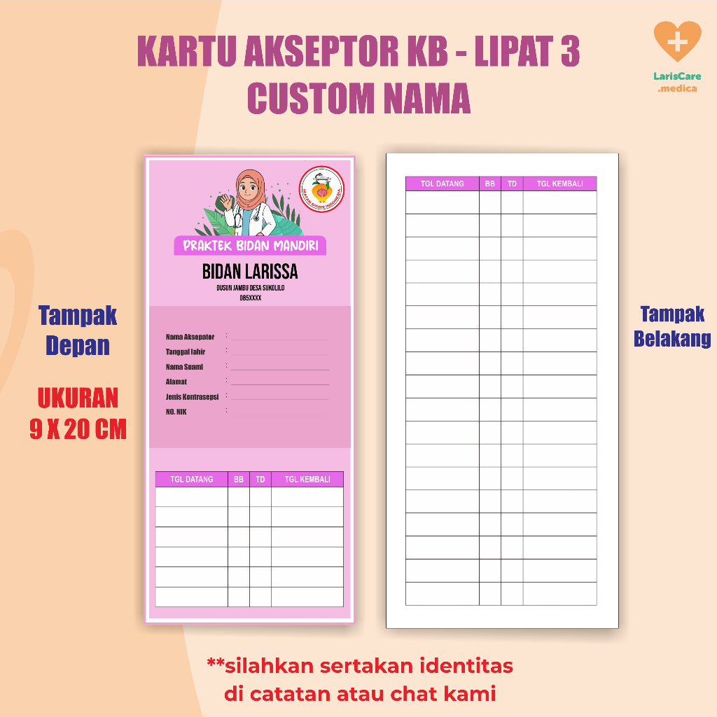 Kartu Akseptor KB Lipat 3 - Custom Nama - Bidan berhijab