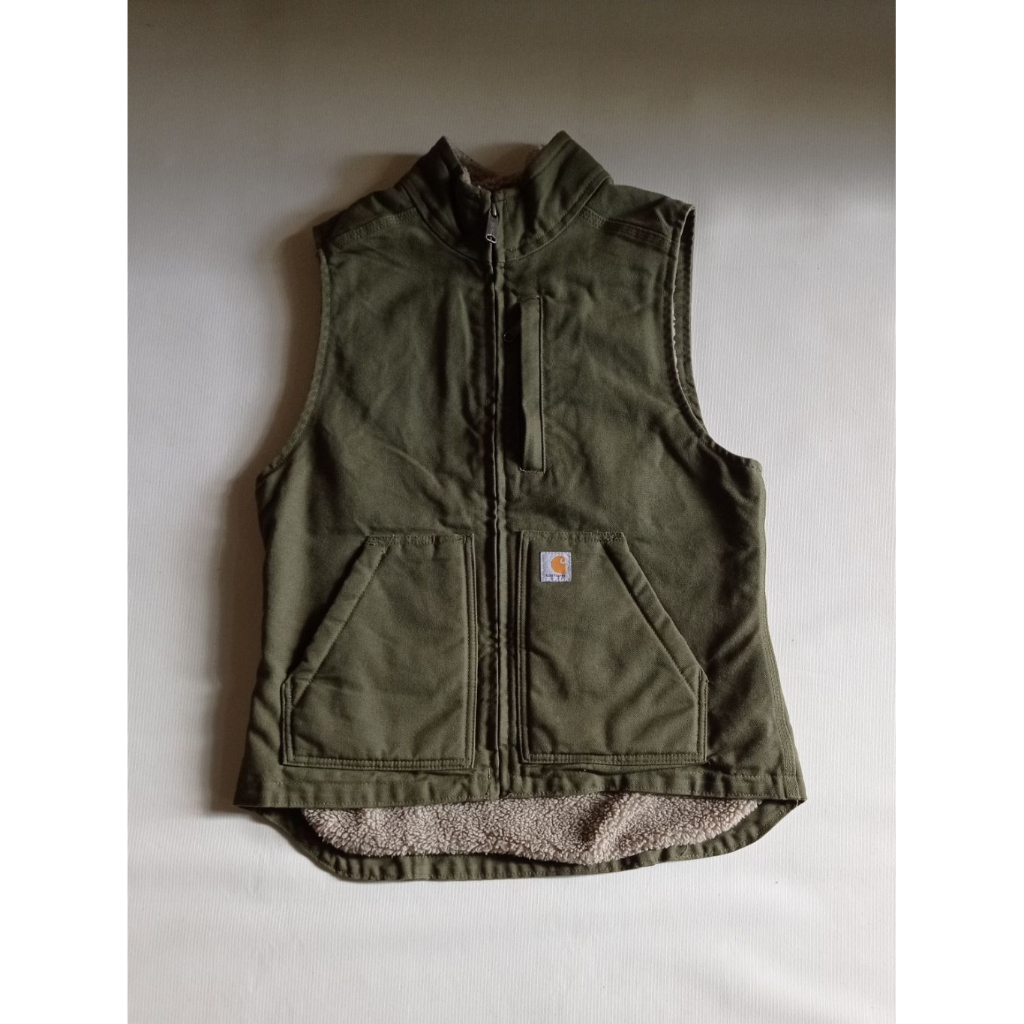 Vest Carhartt Hijau Army Sherpa Washed Duck Mock Neck Vest Jacket OV4277 Relaxed Fit Size XS Like Ne