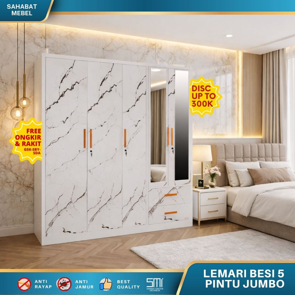 Lemari Pakaian Besi 5 dan 6 Pintu LED ASENCIO – Lemari Baju Besi 2 Meter Swing Door
