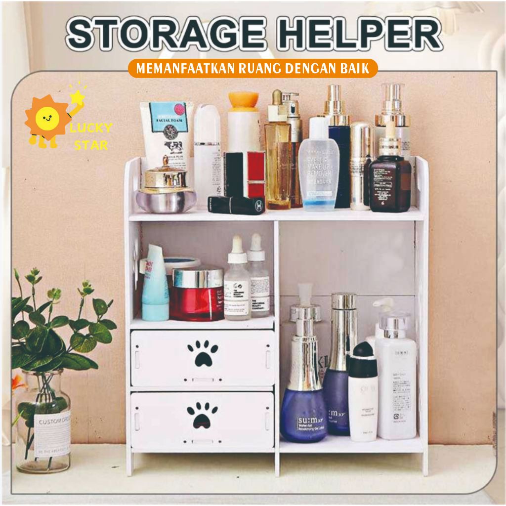 Ukuran BesarRak Kosmetik Kayu Kotak WPC Tempat Makeup Tahan Double Drawer Penyimpanan Kosmetik38*19*