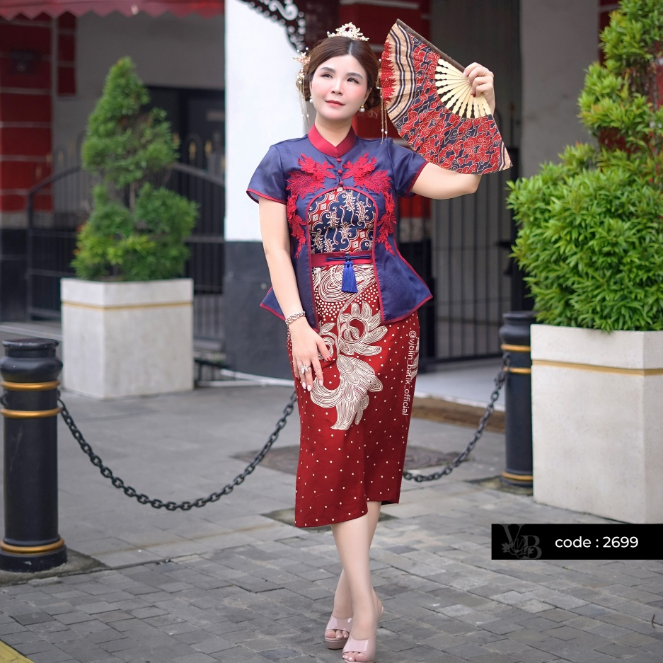 Violin Batik Dress Katun Outer Biru Cheongsam Organza Bordir U 2699