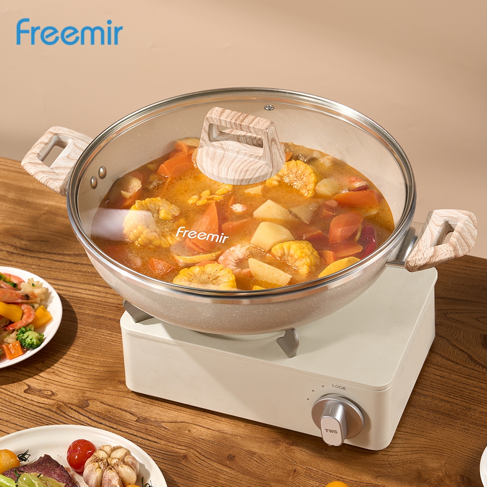 [Terlaris] Wajan Kuali Jumbo 30cm Beige Tutup Kaca Granit Anti Lengket Gagang Kayu Rekomendasi