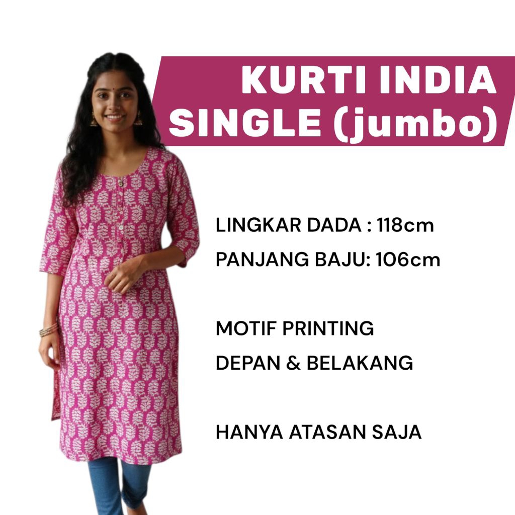 Kurti Single Baju India Atasan Wanita Jumbo Lengan panjang