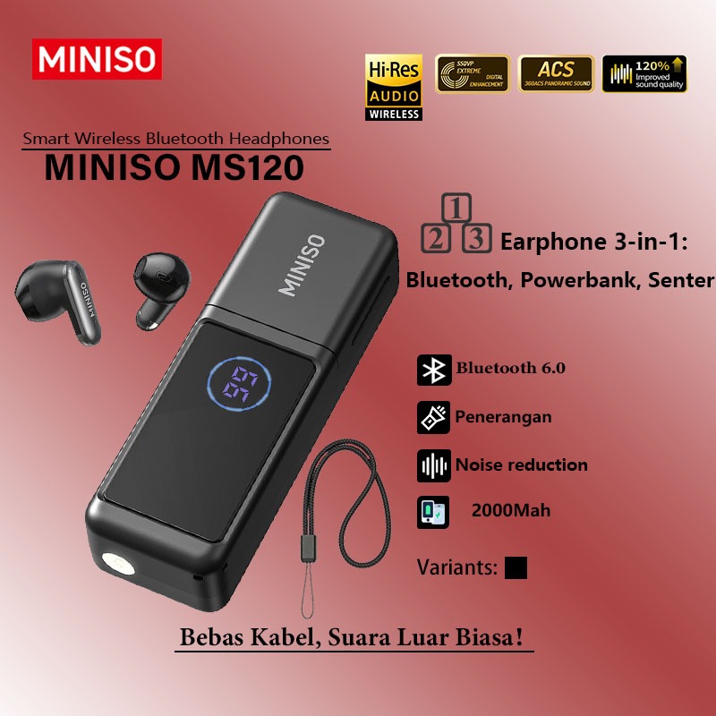 MINISO MS120 Bluetooth Headset 3 in 1 AI Translation Powerbank 2000mAh Senter LED HiFi Audio Bluetoo