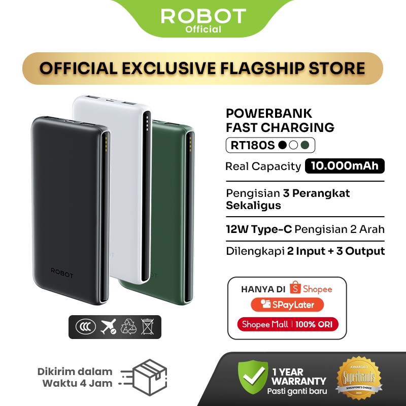 ROBOT Power Bank RT12 RT180S 10000mAh - 3 Output, Dual Input Type-C & Micro, Fast Charging 12W, Slim