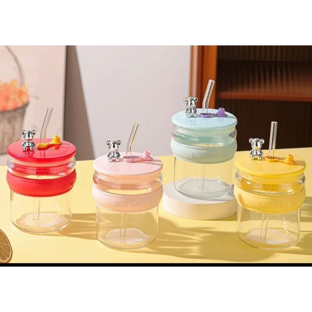 GELAS MINUM KACA DENGAN SEDOTAN FREE STIKER LUCU