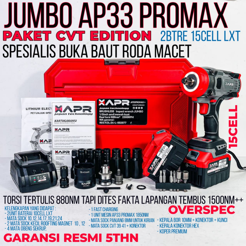 APR JAPAN Bor Impact 1850NM Tipe AP33PROMAX+ 2 Baterai Buka Baut Motor Mobil Dan Truck