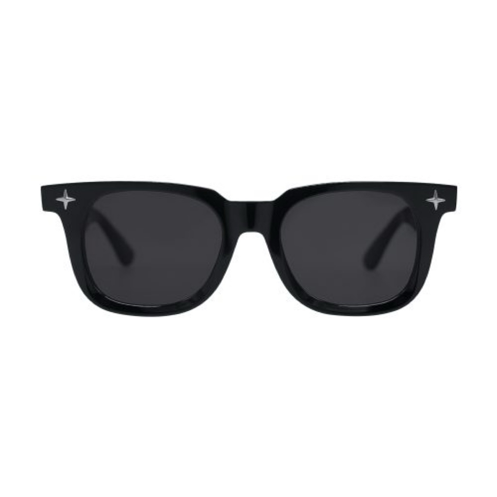 THARAT BG Maternal Disaster sunglasses  Black glossy plastic sunglasses with silver chrome color pat