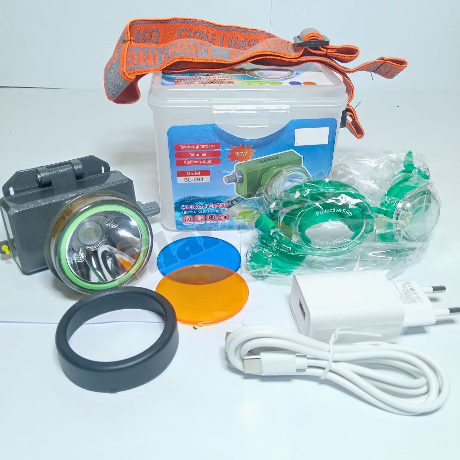 Senter Kepala Menyelam Premium 160W Sunpro SL-993 Cahaya Putih Tahan 50 Jam Nonstop HeadLamp Senter 