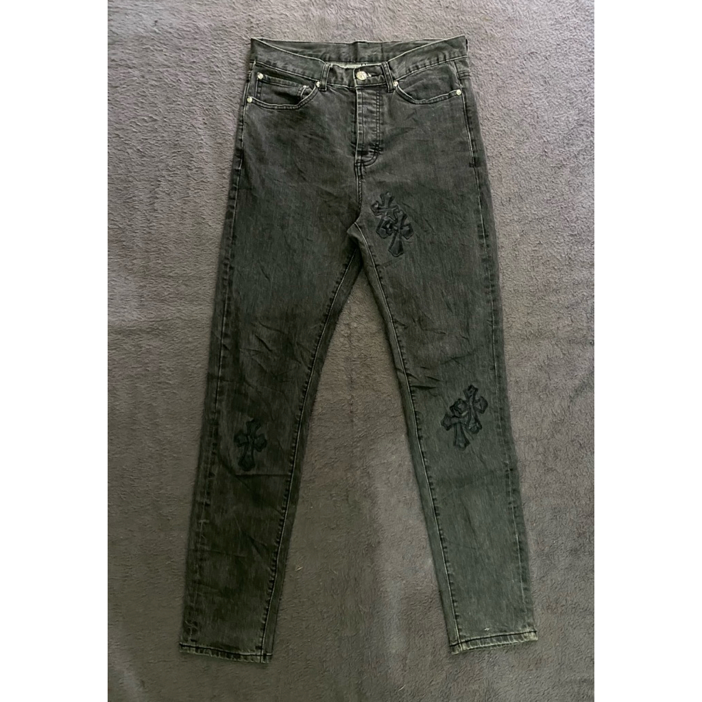 CHROME HEARTS Black & Grey Silver Cros Patch Jeans