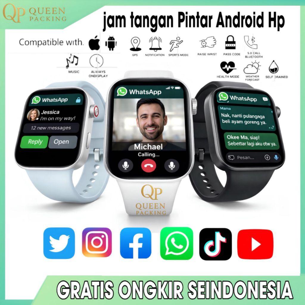 Smartwatch Jam Tangan Pintar Android HP Layar Sentuh Bisa Watshapp Telepon Tahan Air Pria Wanita Ter