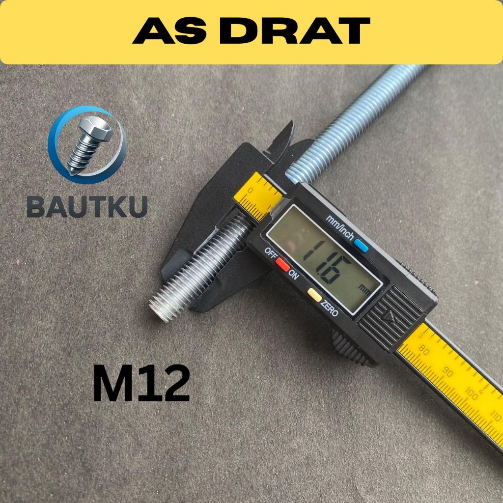 AS DRAT M12 x 1 Meter Galvanis Putih (Mur Kunci 19) Long Drat M12 / Stud Bolt Besi 12mm Full Ulir 1M