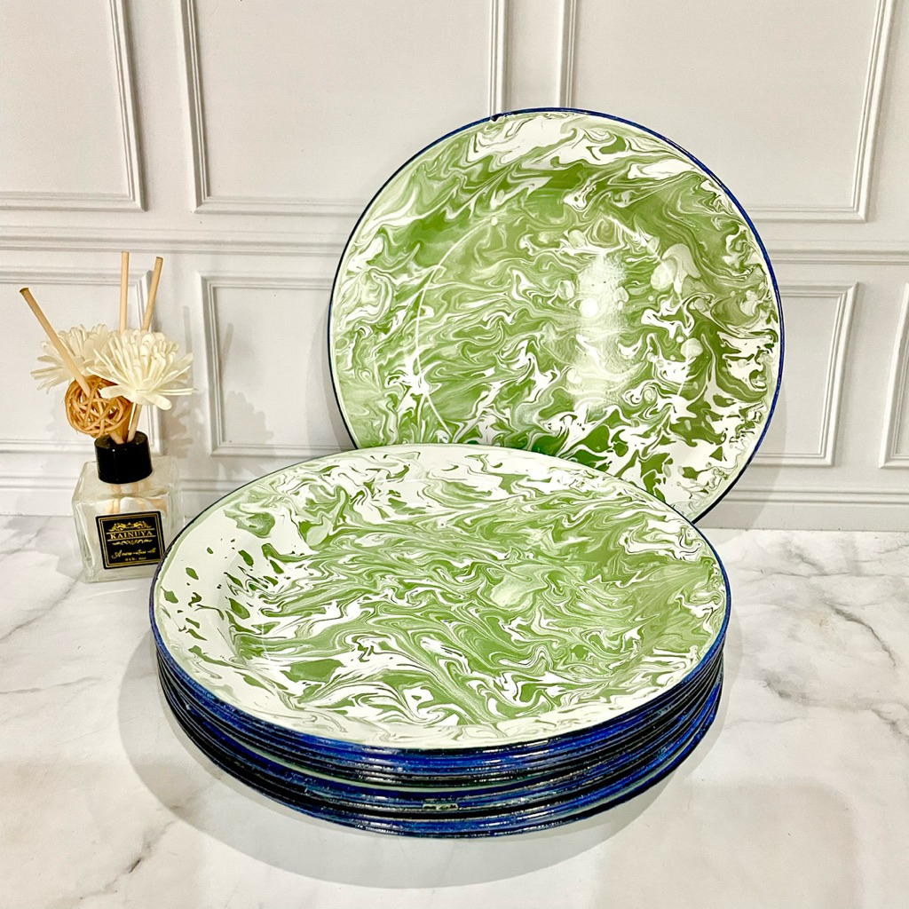 Piring Seng Hijau - Piring Jadul - Piring Enamel 12 PCS - Piring Enamel Hijau