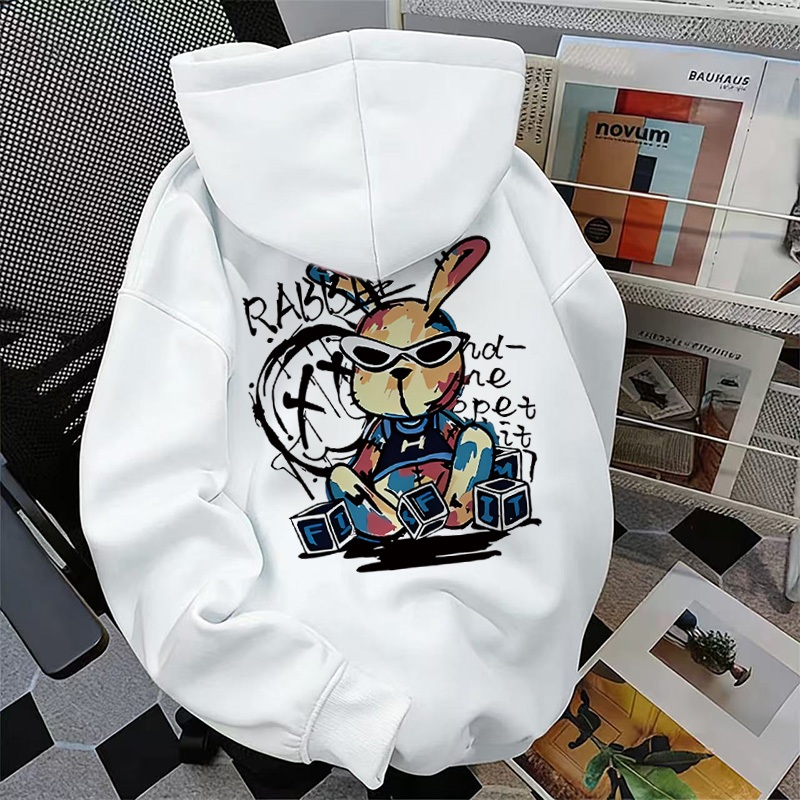 Disneay Hoodie Pria Oversize | Motif Kelinci Keren Grafiti Streetwear Putih Hoodie Cowok Tebal | Hoo